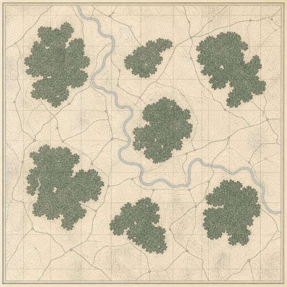 Planche cartographique dessinée : sept massifs boisés répartis autour d'une rivière.
